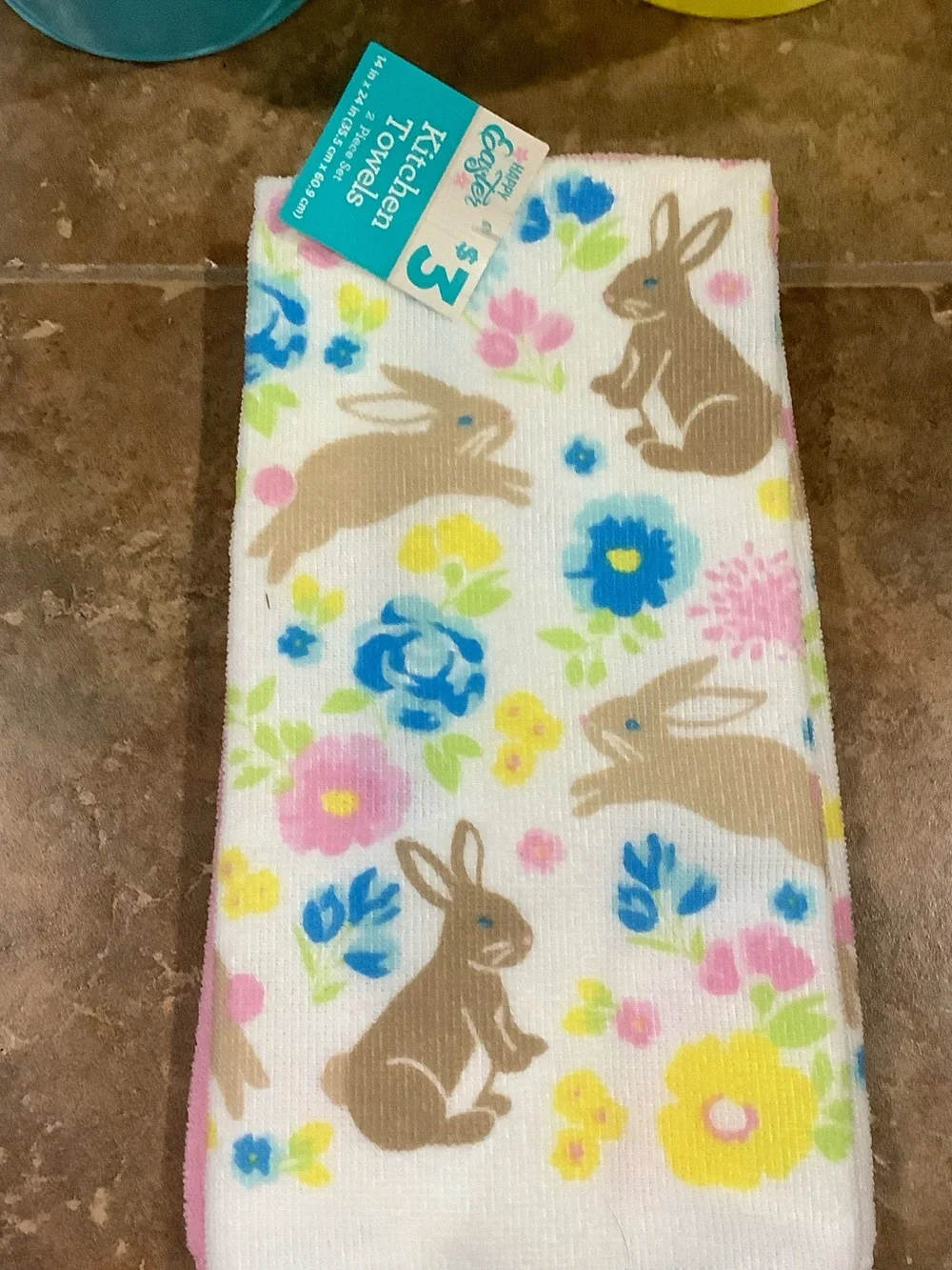 Spring Bunny Kitchen Towel with two Plastic Baskets